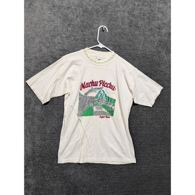 Vintage Machu Picchu Cusco Peru Graphic T-Shirt Cream Souvenir Tee Mens Small