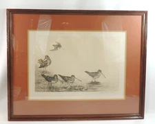 Léon Danchin WOODCOCKS by a LAKE Etching 84/500 Hand Colored & Signed.