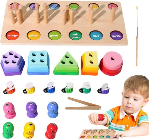 Giocattolo in Legno 3 in 1 Gioco di Pesca Magnetico Forma Ordinamento Cattura Ape Giocattoli Educativi - Foto 4 di 12