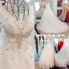 Custom Made V-neck Wedding Dresses Lace Crystal Beaded Luxury Long Bridal Gowns