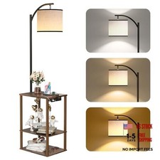 Floor Lamp with Table, End Table for Living Room with Lamp, Rustic Brown
