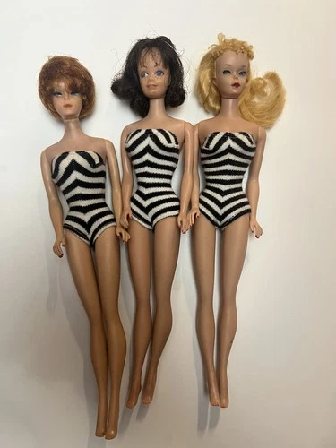 Barbie Ponytail Vintage Dolls Lot of 3 in Black & White Striped Swimsuits
