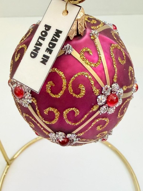 Vintage Hand Painted Poland Glass Easter Christmas Egg Ornament Burgundy Red