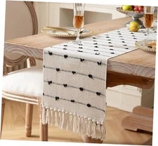 Table Runner 72 Inches Long, Boho Style with Handmade 12x48 Inch Black Beige