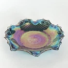 Iridescent Blue Carnival Glass Centerpiece Bowl Glows UV Reactive Vintage