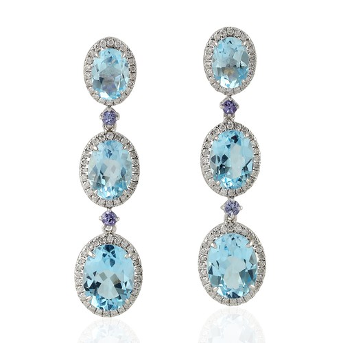 Solid Topaz & Tanzanite Dangle Earrings 18K White Gold Diamond Gemstone Jewelry
