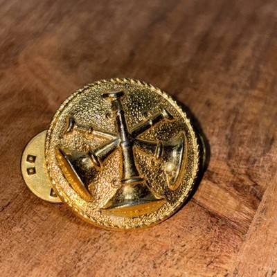 Vintage Gold Tone Fire Department Badge Pin Double Post Bugles Medallion