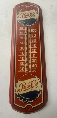 Vintage PEPSI COLA Red Tin Thermometer Sign 27”x8.25” Soda Advertise Works LOOK!