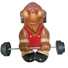 Vintage Handmade All Wood Handpainted Pig Weight Lifter Country Carving Unique