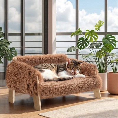 Large Cat Bed Sturdy Wooden Leg Raised Plush Cat Sofa Bed Kitten Bed for Indoor