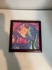 Wood Framed Decorative Sea Life Fish Seaweed Ceramic Art Tile Trivet Signed