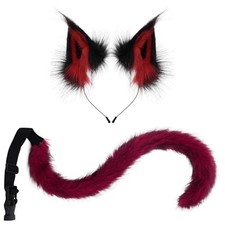 Maine Coon Cat Fox Wolf Ears Costume Anime Set Adjustable Ears Tail Blackred