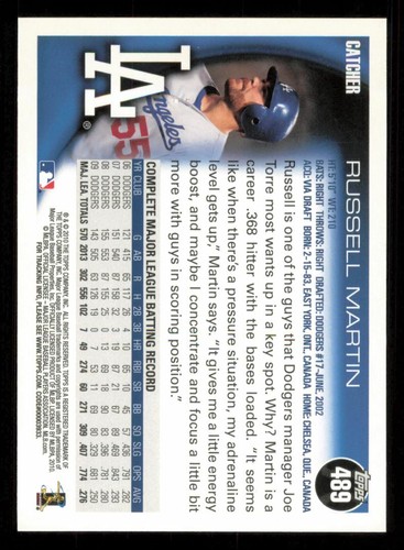 2010 Topps Russell Martin Los Angeles Dodgers #489 - Picture 2 of 2