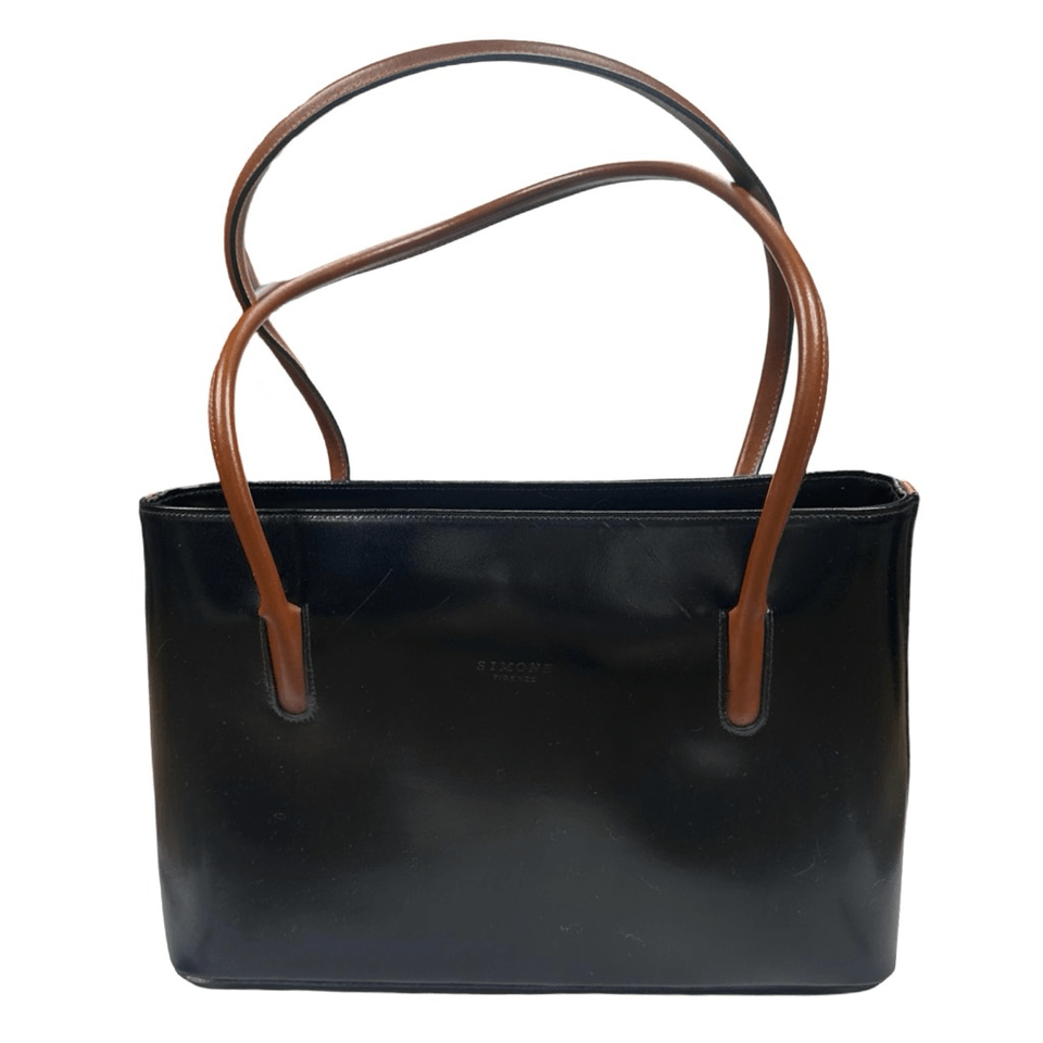 Simone Firenze Handmade Black & Brown Genuine Leather Handbag 11” x 8