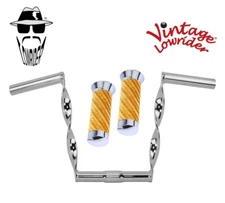 Vtg Lowrider 9" Chrome Flat Twisted Handlebar 25.4mm & Velour Swirl Gold Grips.