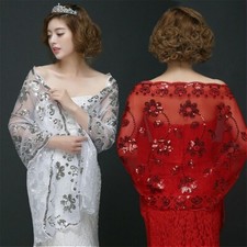 Women Wedding Shawl Sequin Tulle Scarf Floral Wrap Tippet Shiny Bridal Show