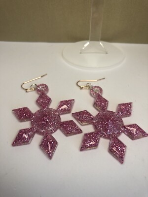 Handgefertigte Ohrringe- Weihnachten- Schneeflocke- rosa- Glitzer- Party- Kostüm