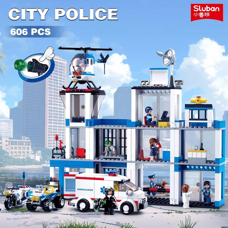 Sluban 606PCS Police Station Building Blocks Prison Ambulance Helicopter Police - Image 3 of 4
