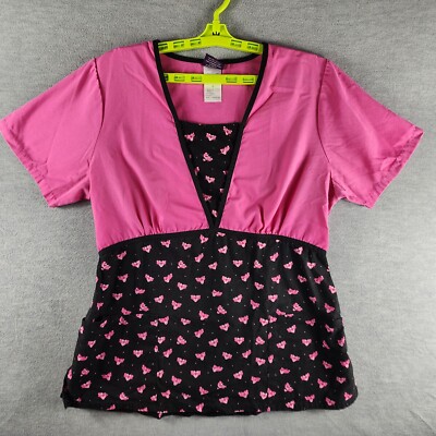 Pink Panther Scrub Pockets Top M Black Pink Pull Over Short Sleeve Career Slit