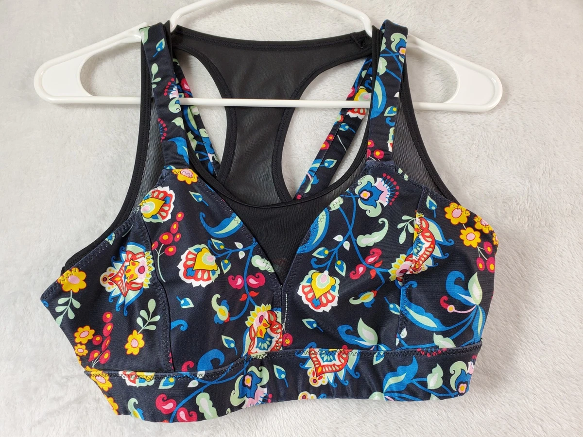 JoyLab Sports Bra Womens Medium Black Floral Round Neck Crossback