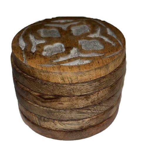 Hand Carved Wooden 6 Piece Coaster Set Made In India - Picture 4 of 5