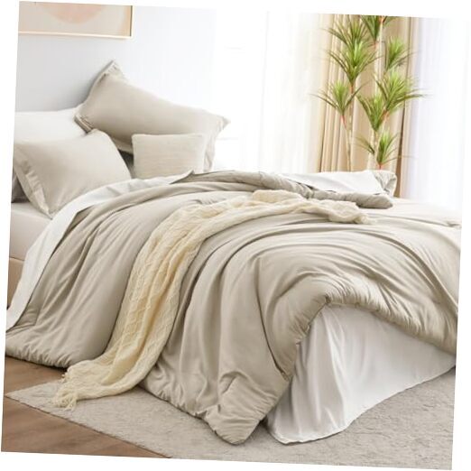 Comforter Set and White, 7 Pieces Bedding Set Contrasting Design Queen Beige
