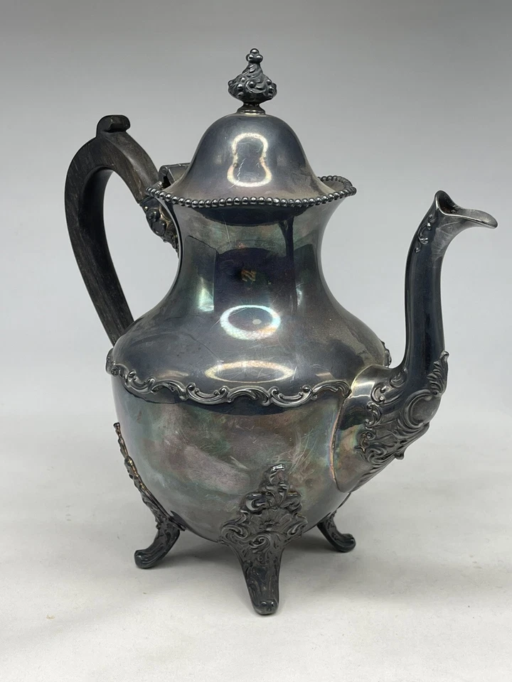 Tetera antigua vintage hecha y enchapada por Wallace Bros Silver Co barroca de madera Foto 2 de 4