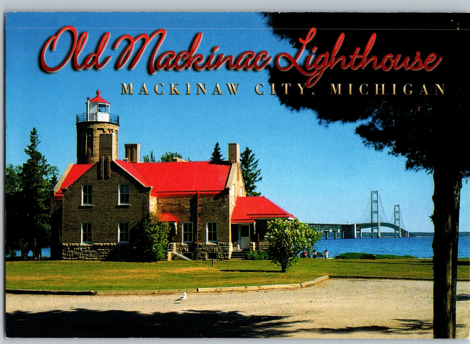 Old Mackinac Lighthouse Built 1892 Bridge Huron Mackinaw City MI Postcard CO2