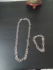 Sterling Silver Heart  Link Necklace And Bracelet Set