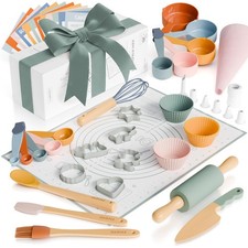 Wooden Baking Set Kids Complete Real Kitchen Utensils Toddler Cooking Tools