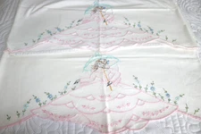 Vintage Pair Cotton Pillowcases Embroidered Southern Belle Design 27" x 20.5"