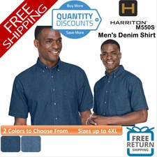 🔥 Harriton Men Denim Shirt Left-chest pocket Button-down Up To 4XL M550S