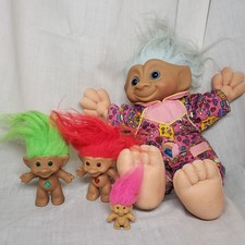 4 Vintage 90's Treasure Troll Dolls Green Red Pink Blue Hair Ace Novelty