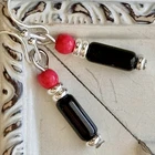 Little Silver, Black Glass and Coral Stone Dangle Earrings.