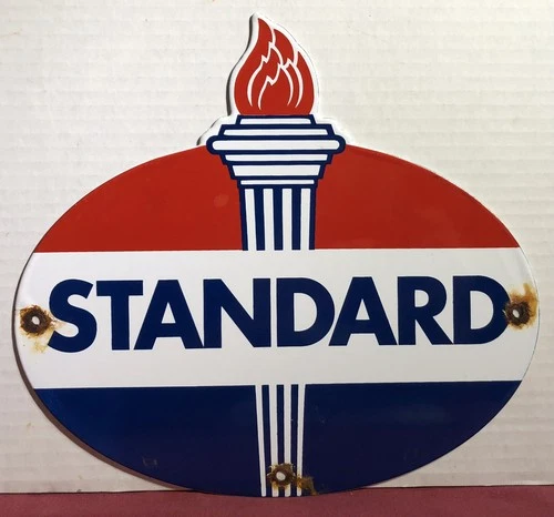 VINTAGE STANDARD GASOLINE PORCELAIN TORCH GAS SERVICE STATION PUMP PLATE SIGN