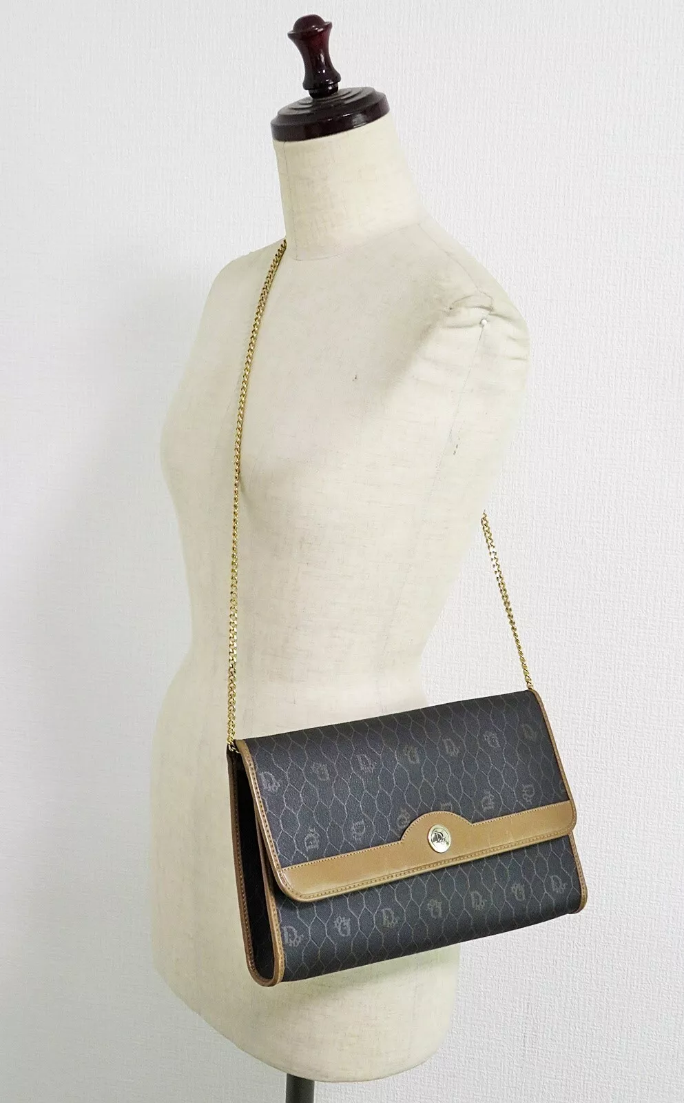 Auth CHRISTIAN DIOR noir miel comp PVC toile chaîne sac à bandoulière sac à main #54264