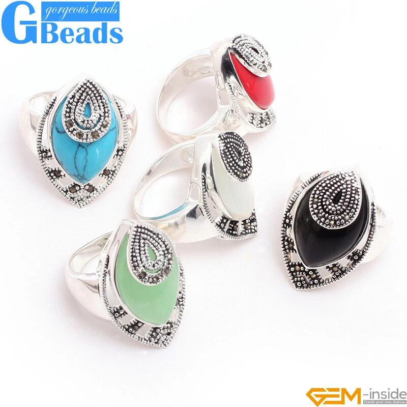 Anillo de marcasita de plata tibetana cuentas de piedra marquesa joyería 18x30 mm envío gratuito Foto 3 de 4