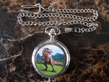T REX DINOSAUR CHROME POCKET WATCH WITH CHAIN NEW 