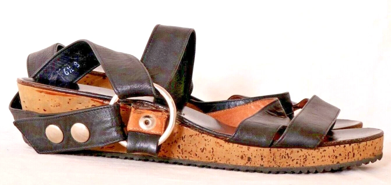 JORDAN Charles Jourdan sandali neri in pelle cinturino alla caviglia sughero zeppa scarpe donna 6 5 B