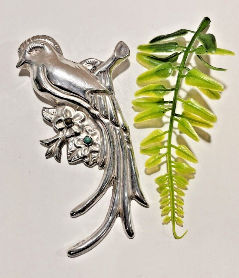 Made In Mexico Sterling Silver Exotic Bird brooch W/Stones C Clasp