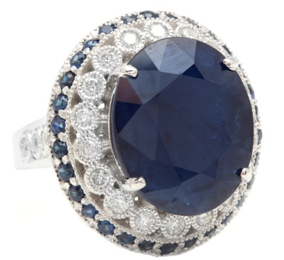 16.80Ct Natural Blue Sapphire & Diamond 14K White Solid Gold Ring