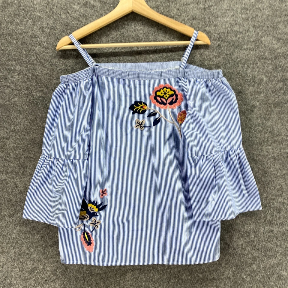 Blusa INC International Concepts Mujer M Mediana Azul Rayas Hombro Frío Foto 4 de 4