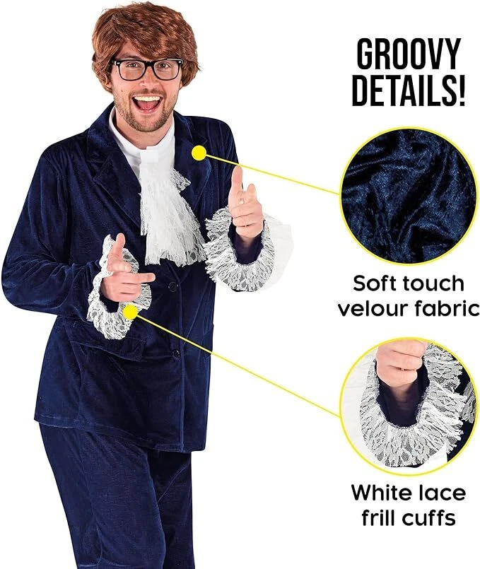 Hombre 60s Austin Powers Disfraz Adulto Azul Gigolo Swinger Espía Traje Halloween Foto 3 de 4