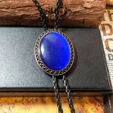 Big Blue Stone Mens Bolo Tie Wedding Necklace PU Leather Rope Western Cowboy