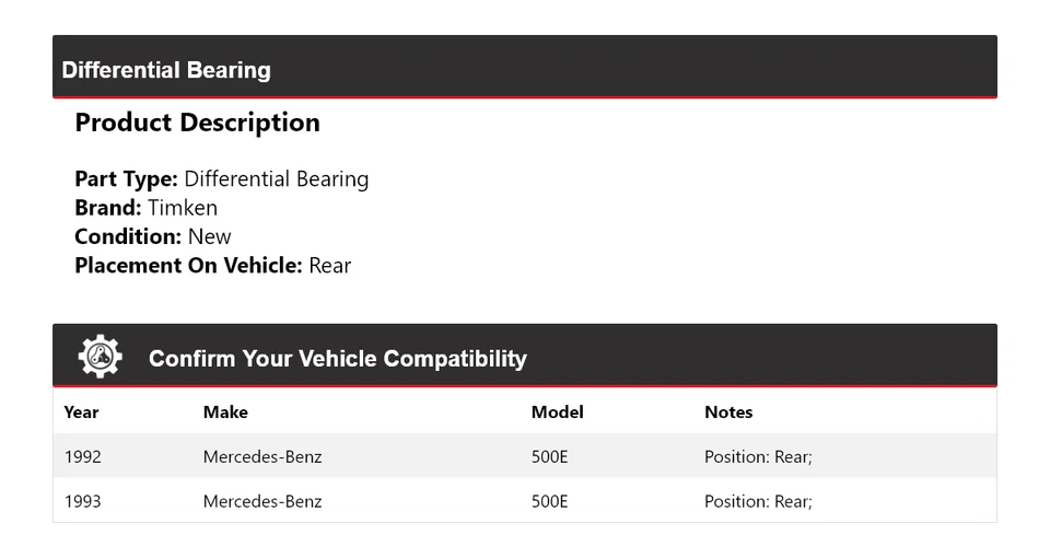 Задний дифференциальный подшипник Timken для Mercedes-Benz 500E 1992-1993 годов выпуска - Изображение 2 из 4