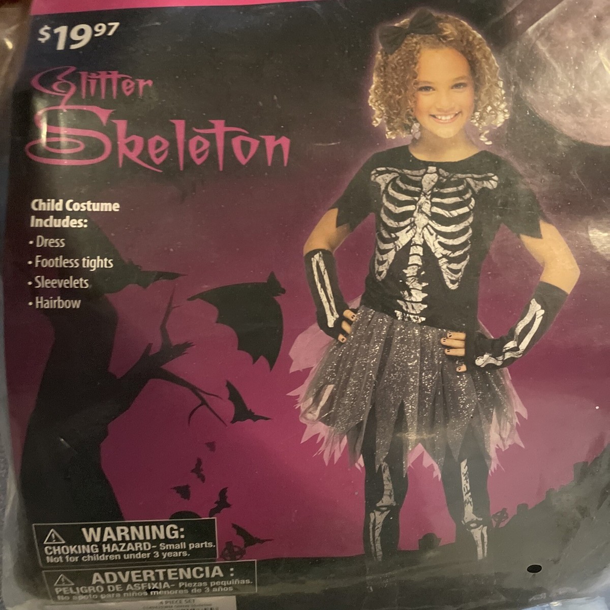 Halloween Costume Girl Glitter Skeleton Large 10-12 New