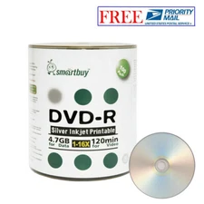 100 Pcs SmartBuy DVD-R DVDR 16X 4.7GB Silver Inkjet Hub Printable Record Disc