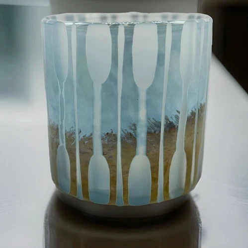 Modern Glass Hurricane, Etched blown Glass Pillar candle holder, blue frosted