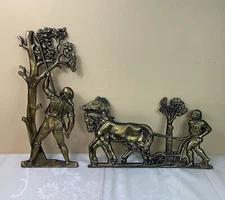 Vintage Apple Picker & Plowing Farmer Brass Wall Hangings 7331 Star Stamp