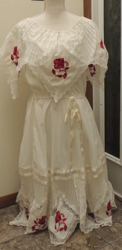 Vintage 70s Prairie Dress Cream Lace Red Floral Embroidered Handkerchief Hem - Image 1